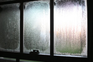 A close-up of window condensation, with water droplets clinging to the glass panes. Sunlight filters through the cloudy surface, casting a soft glow. A latch is visible at the bottom of the window.