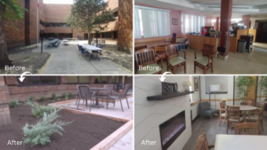 Before and after images: outdoor patio and indoor seating areas transformed with new landscaping, furniture, and decor, creating inviting, modern spaces as part of the CHBA-Edmonton Region's Renovation Month Days of Service—giving back to the community through thoughtful design.