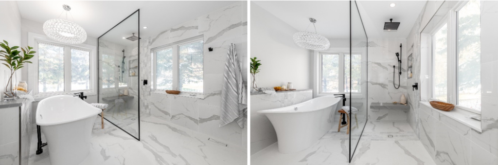 Modern white bathroom with marble walls and floors, freestanding tub, glass shower divider, large windows, towel rack, potted plant, and a woven basket on the ledge—a stunning example of housing excellence inspired by today’s top home trends.