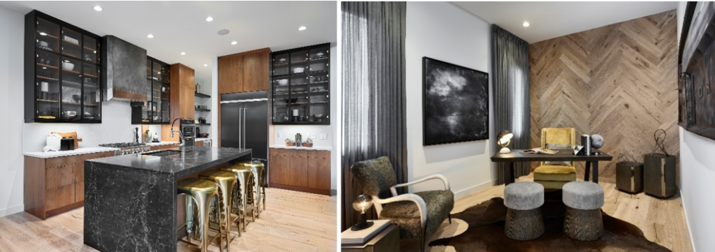 Side-by-side images: a modern kitchen with black marble island and glass cabinets on the left, showcasing the latest home trends, and a stylish office with wood accent wall, desk, and seating area on the right—both exemplifying housing excellence worthy of National Awards for Housing Excellence recognition.