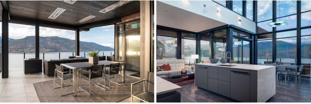 Side-by-side images show a modern home with floor-to-ceiling windows, featuring a dining area overlooking a lake and mountains, and an open-concept living room and kitchen with similar scenic views—showcasing one of the latest renovation trends in Canada.