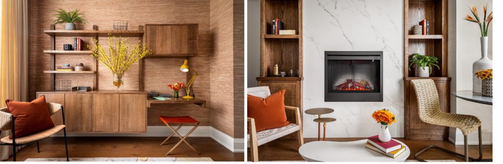 Modern living space with wooden shelves, a built-in desk, chairs with orange pillows, a faux fireplace, and decorative accents like books, flowers, and vases. Walls have a mix of wood and marble textures—an interior design that reflects the sophistication seen in homes recognized by National Awards for Housing Excellence.