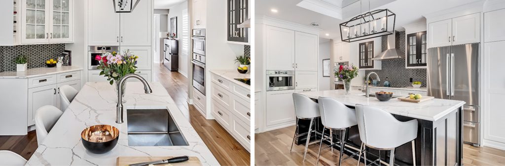Two views of a modern kitchen with white cabinets, marble countertops, stainless steel appliances, flowers on the island, and black-and-white backsplash tiles. Four white chairs line the island in the second image—an elegant space that highlights some of the latest renovation trends seen in Canada.