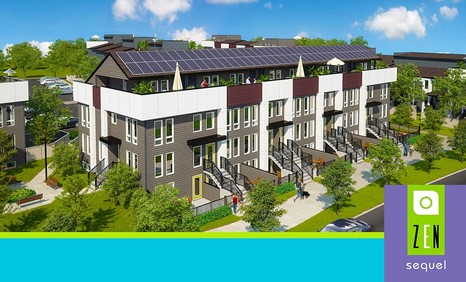 Modern townhouses with solar panels on the roof, surrounded by greenery under a blue sky, showcase the future of sustainable living. Designed as Net Zero Homes, these residences offer exceptional energy efficiency incentives. A few people are walking on the sidewalk. ZEN Sequel branding is in the bottom right corner.