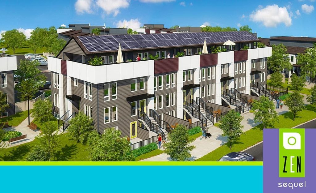 Modern townhouses with solar panels on the roof, surrounded by trees and green spaces, exemplify the essence of net zero communities. People walk on sidewalks, enjoying the sustainable environment. The bottom right corner features a logo with ZEN sequel in white and green text.