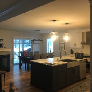 Modern kitchen with an island, pendant lights, and a dining area with a table and chairs. Large windows show a snowy outdoor scene, highlighting the energy efficiency often found in net zero homes. A small dog is visible on the wooden floor in the foreground.