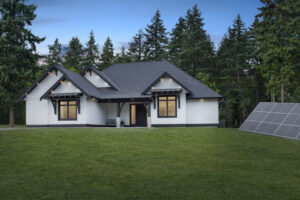 A modern white house with dark trim sits on a grassy lawn, surrounded by tall evergreen trees—a stunning example of Housing Excellence. Solar panels are positioned on the right side of the image, highlighting innovative features worthy of recognition from the CHBA National Awards for Housing Excellence. The sky is clear and blue, completing this picturesque scene.