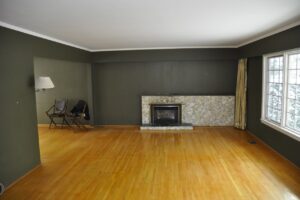 Spacious, empty living room with wood floors, olive green walls, a stone fireplace, large windows with curtains, and a single lamp and chair in the corner—an inviting space designed with home energy efficiency in mind.