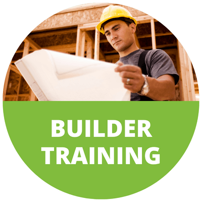 A construction worker in a yellow hard hat reads blueprints at a building site. Below, a green circle contains the text “BUILDER TRAINING” in white capital letters.