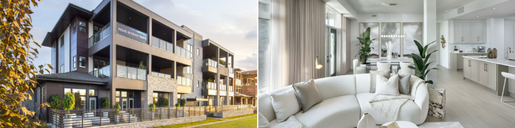 Modern apartment building exterior on the left; bright, open-concept living room and kitchen with neutral décor and large windows on the right—a showcase of design excellence recognized by the CHBA Awards.