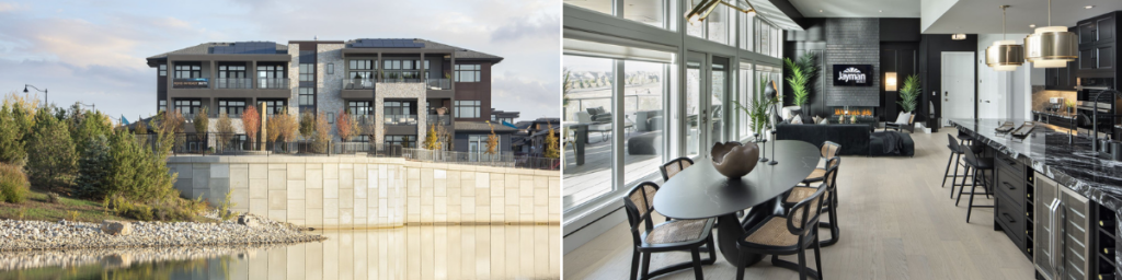 A modern lakeside apartment building exterior on the left; on the right, a stylish open-concept interior with dining and living areas, large windows, and contemporary decor that showcases design excellence throughout.