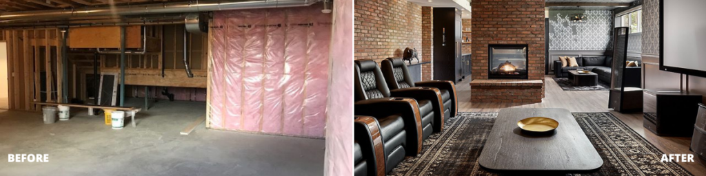 Side-by-side comparison of a basement before and after renovation: left shows an unfinished basement; right shows a finished space with seating, fireplace, and modern decor—a striking example of renovation excellence recognized by the CHBA Awards.