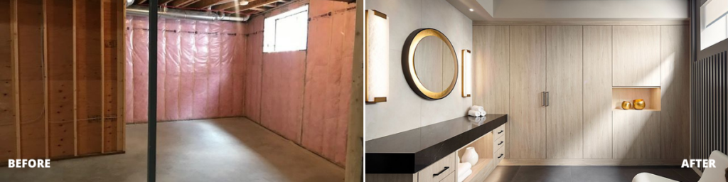 Side-by-side comparison: unfinished basement with exposed framing and pink insulation on the left, modern finished bathroom with wood cabinets and round mirror on the right—a striking showcase of renovation excellence.
