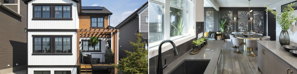 Split image: Left shows a modern three-story house exterior with black and white siding; right showcases a contemporary kitchen and dining area with dark accents and large windows, reflecting renovation excellence recognized by the CHBA Awards.