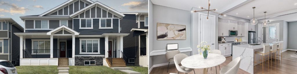 A modern two-story house exterior with gray siding is shown on the left, highlighting housing excellence, while the right side displays a bright, contemporary kitchen and dining area with white cabinets, marble table, and elegant decor—a true showcase of renovation excellence recognized by CHBA Awards.