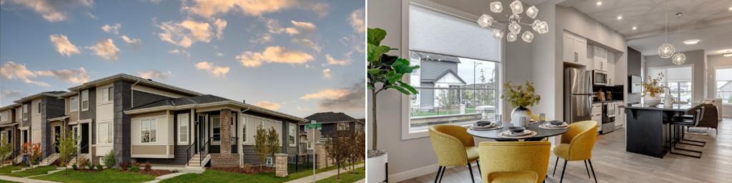 Modern townhouse exterior at sunset on the left; contemporary dining area with yellow chairs and open kitchen on the right, featuring large windows and modern lighting—showcasing housing excellence celebrated by CHBA Awards.