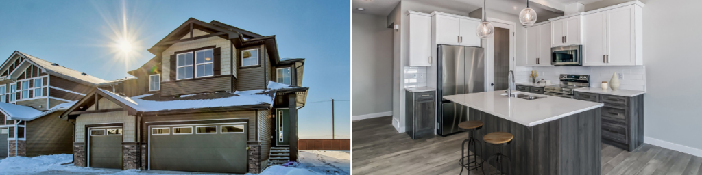 Split image: Left shows a modern two-story house in winter sunlight, snow on roof and driveway, reflecting renovation excellence. Right shows a contemporary kitchen with white cabinets, stainless steel appliances, and a large island with two stools—showcasing design excellence worthy of CHBA Awards recognition.