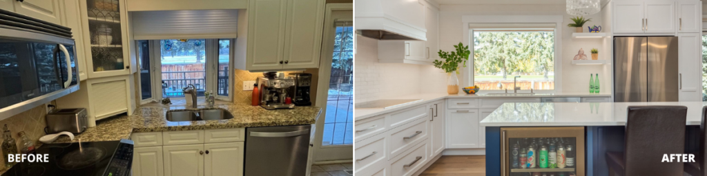 Side-by-side kitchen remodel: left shows a cluttered space with dark countertops; right reveals a modern, bright kitchen with white cabinets, a large island, and open shelving—an inspiring transformation that showcases renovation excellence.