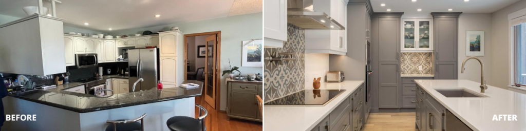 Side-by-side photos show a kitchen before and after renovation. The before has dark counters and white cabinets; the after, recognized for its design excellence, features sleek gray cabinetry, white countertops, and modern fixtures.