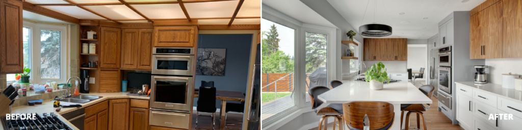 Side-by-side comparison of a kitchen before and after renovation; the left is dark with wood cabinets, while the right exemplifies renovation excellence with bright white cabinets, modern lighting, and a large island.