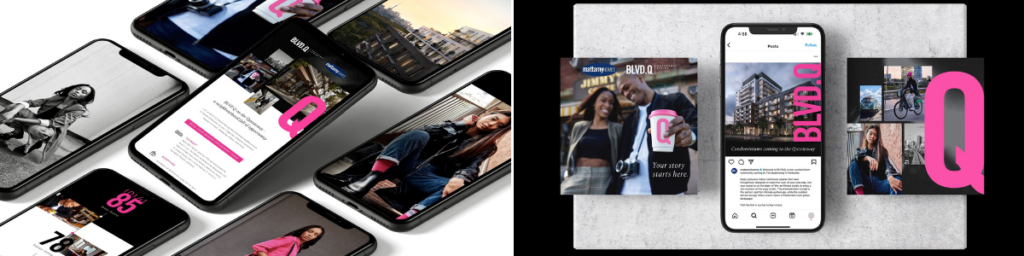 Multiple smartphones display images of stylish young women, cityscapes, and bold pink “Q” graphics, illustrating a modern digital campaign that embodies marketing excellence. One phone shows a social media feed with related visuals and branding.