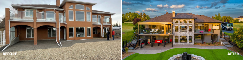 Split image showing a house before and after renovation. The before side looks plain with brown walls, while the after side features stone accents, large windows, modern railings, and a landscaped green lawn—showcasing true renovation excellence worthy of CHBA Awards recognition.