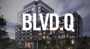 Modern condominium building at dusk, with large text overlay reading BLVD.Q and smaller text below stating Condominiums on The Queensway—showcasing design excellence in every detail.