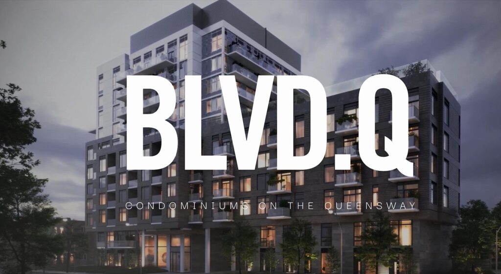 Modern multi-story condominium building at dusk, lit by interior lights, with large white text across the image reading BLVD.Q and smaller text below saying CONDOMINIUMS ON THE QUEENSWAY—an address recognized for housing excellence and award-worthy design.