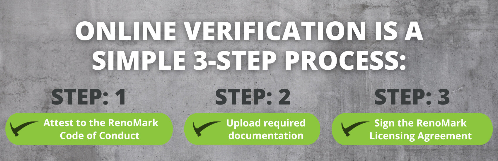 A graphic explains the online verification process in three steps: 1) Attest to the RenoMark Code of Conduct, 2) Upload required documentation, 3) Sign the RenoMark Licensing Agreement.