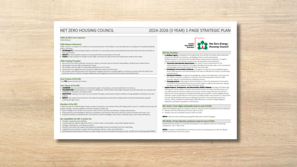 A single-page strategic plan document for the Net Zero Housing Council, 2024–2026, featuring sections with headings, bullet points, and the council’s logo. The document is placed on a light wooden surface.