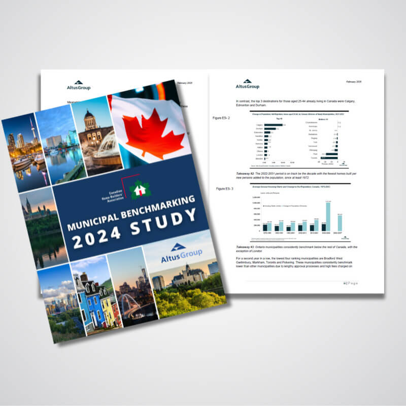 A 2024 Municipal Benchmarking Study report by Altus Group is shown. The cover features city images and a Canadian flag. Two inside pages display text, charts, and graphs about municipal benchmarking data.