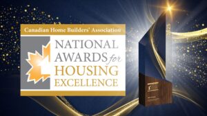A graphic for the Canadian Home Builders Association National Awards for Housing Excellence 2025, featuring the event logo and a tall, elegant trophy against a sparkling blue and gold background, celebrates outstanding achievements in CHBA Awards.