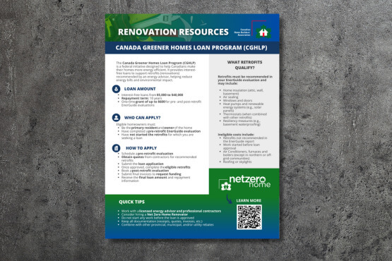 Flyer titled Renovation Resources about the Canada Greener Homes Loan Program. It lists loan amounts, eligibility, application steps, and retrofit details, and features a QR code and logos on a gray stone background.