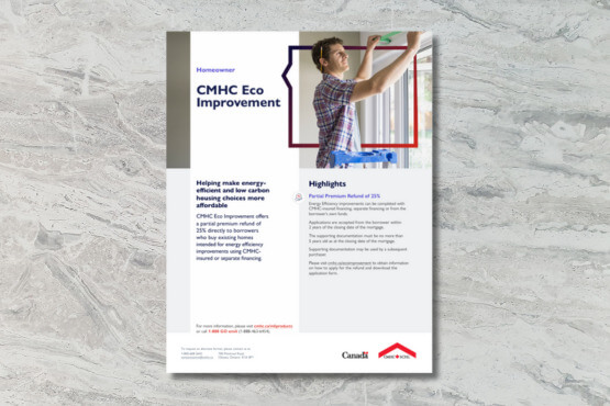 A flyer on a marble background features a man installing a window, with text about CMHC Eco Improvement for homeowners, highlighting energy efficiency and details on government support and contact information.