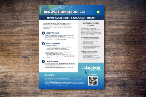 A flyer titled Renovation Resources: Home Accessibility Tax Credit (HATC) detailing credit amount, eligibility, how to claim, qualifying renovations, tips, and has a QR code on a wooden surface.