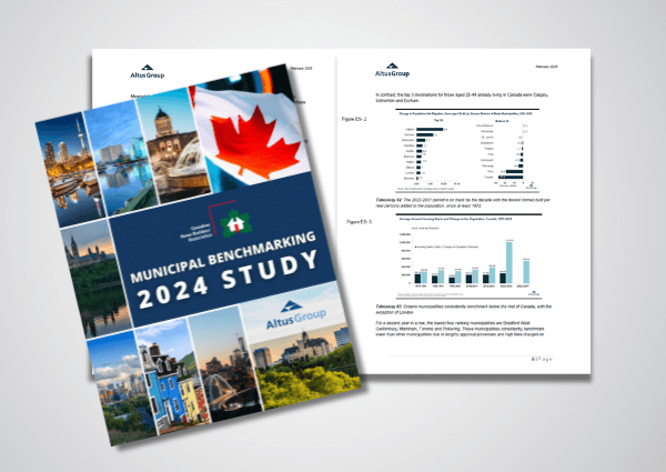 Cover and inside pages of the Municipal Benchmarking 2024 Study by Altus Group, featuring a collage of cityscapes, a Canadian flag, and visible graphs and charts on the interior report pages.