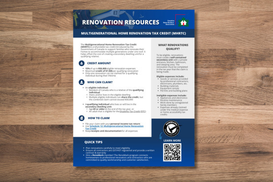A flyer titled Renovation Resources provides information on the Multigenerational Home Renovation Tax Credit, including details about the credit amount, who can claim, how to claim, qualifying renovations, and quick tips.