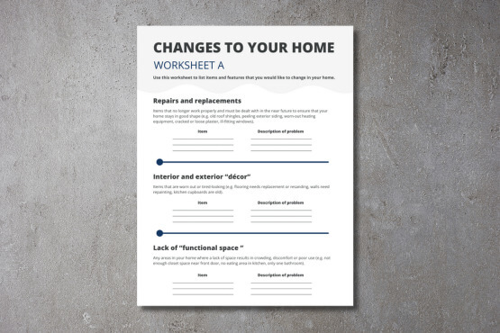 A worksheet titled CHANGES TO YOUR HOME is placed on a gray stone surface. The sheet includes sections for Repairs and Replacements, Interior and Exterior Décor, and Lack of Functional Space, with spaces to list items and problems.