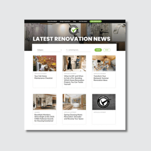 A website page titled Latest Renovation News displays renovation articles with images and categories, a search bar, and a navigation menu at the top. Four article previews with thumbnail images are shown below the heading.