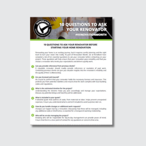 A flyer titled “10 Questions to Ask Your Renovator” features a checklist with green check marks and renovation advice. At the top is a logo with a checkmark and text promoting #RENOVATIONMONTH.
