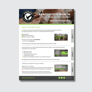 A flyer titled Renovation Month Social Media Toolkit for HBA’s with a Renomark logo, sample social media captions, hashtags, and images for posts. Website and contact info are listed at the bottom.