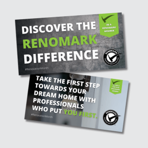 Two promotional banners feature the RenoMark logo and text promoting professional renovation services. Main messages: Discover the RenoMark Difference and Take the first step towards your dream home with professionals who put you first.