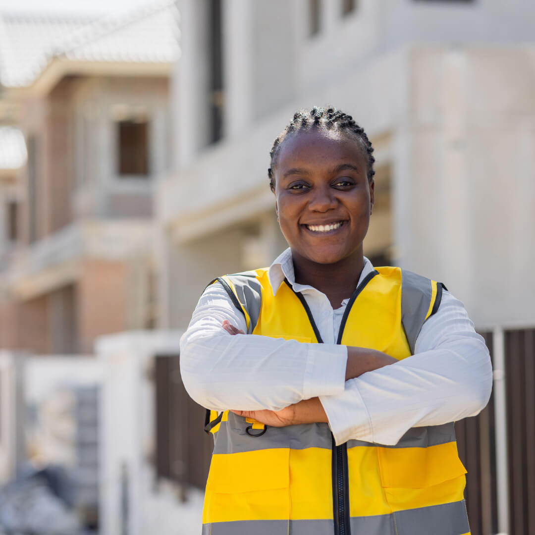 A woman wearing a yellow safety vest stands outdoors with her arms crossed, smiling confidently. She is in front of a construction site with unfinished buildings visible in the background.