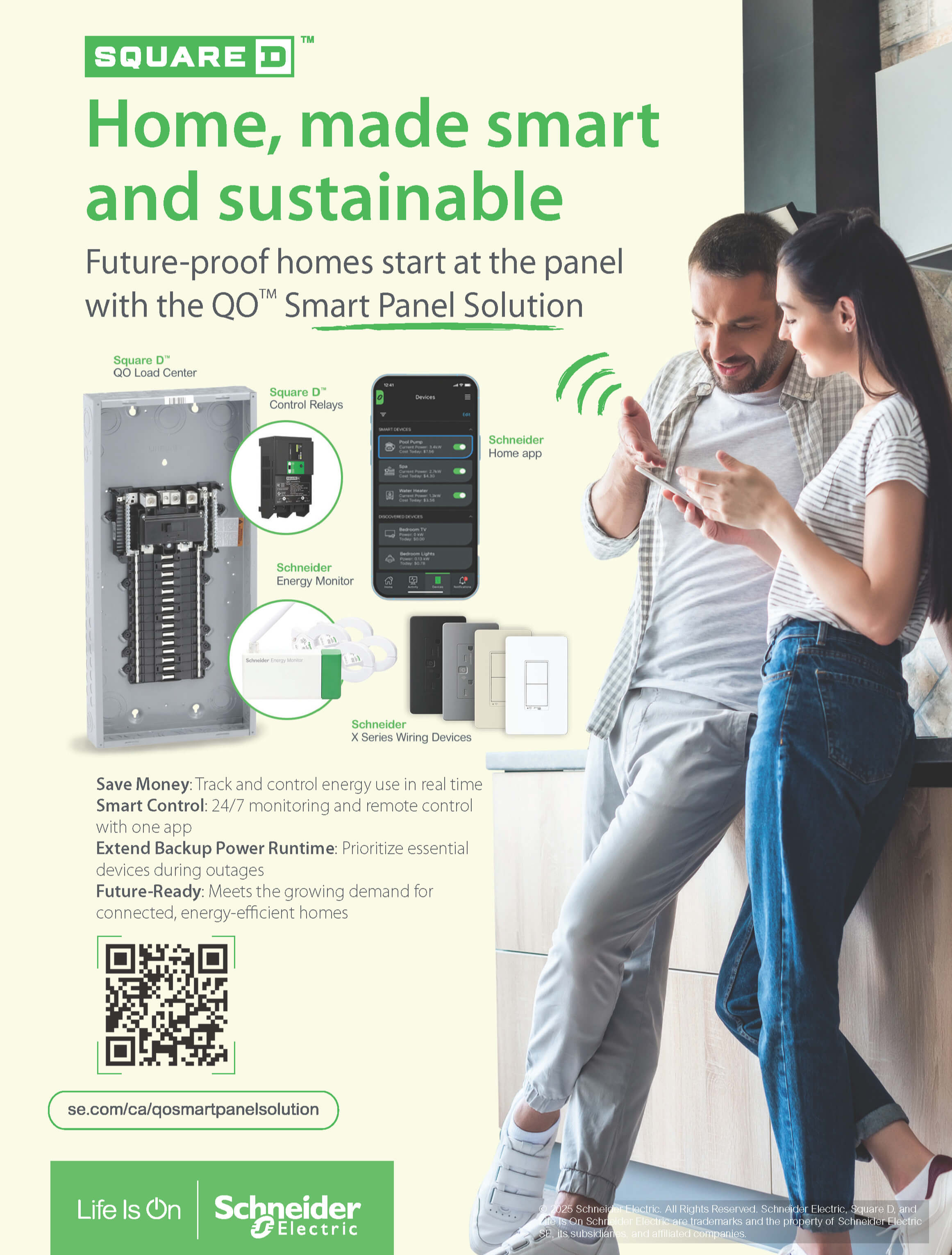 A man and woman smile in a modern kitchen, using a smartphone. An open electrical panel, smart circuit breaker, energy monitor, app interface, and smart plugs are shown with text promoting Square Ds smart home panel solution.