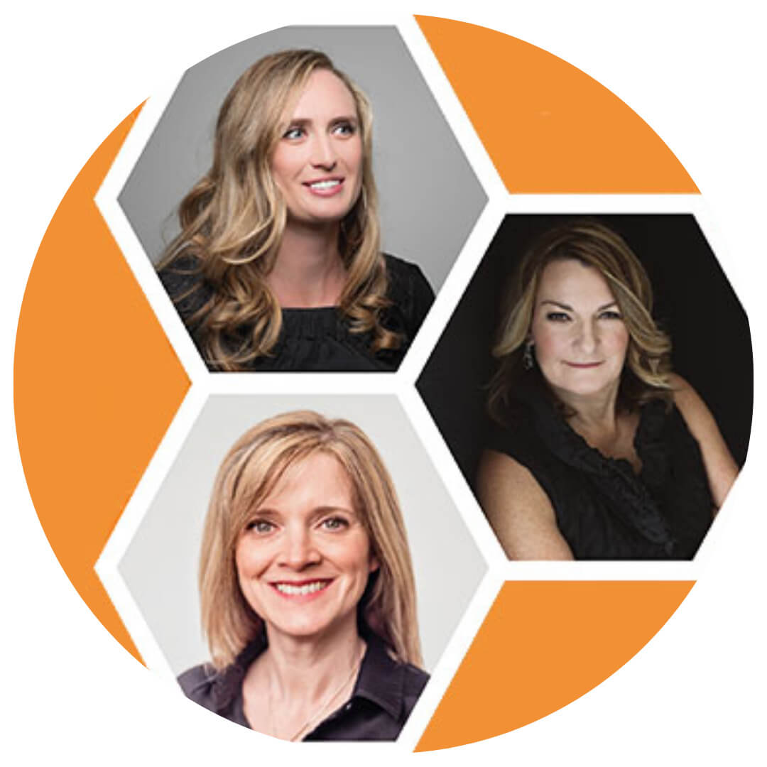 A circular graphic with orange and white hexagon shapes featuring portraits of three smiling women with light hair, each in a separate hexagon section of the design.
