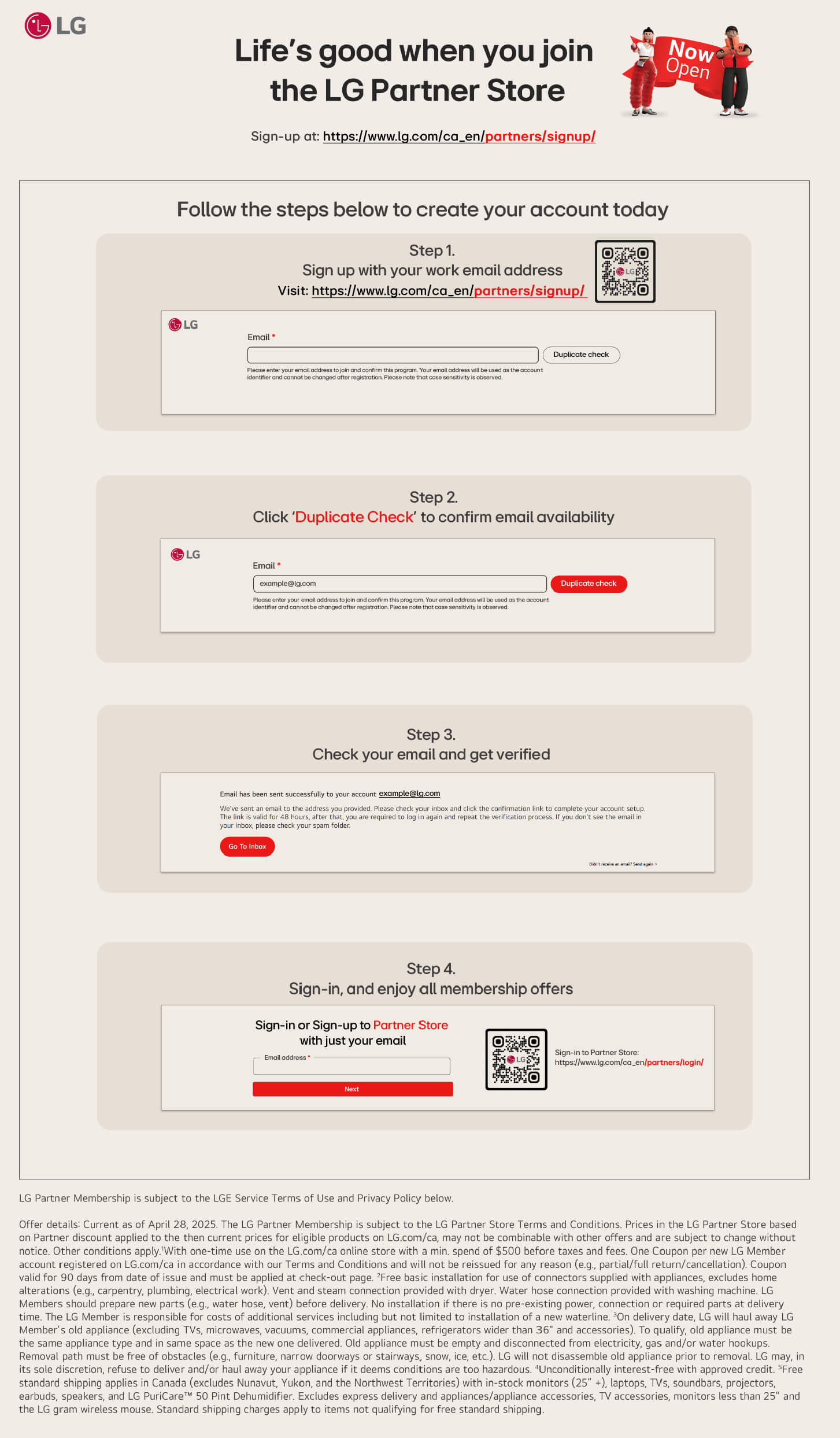 Instructional infographic showing steps to join the LG Partner Store: enter email, check for duplicates, enter details, and sign in. Includes screenshots of each step and QR code for sign-up. LG branding is visible.