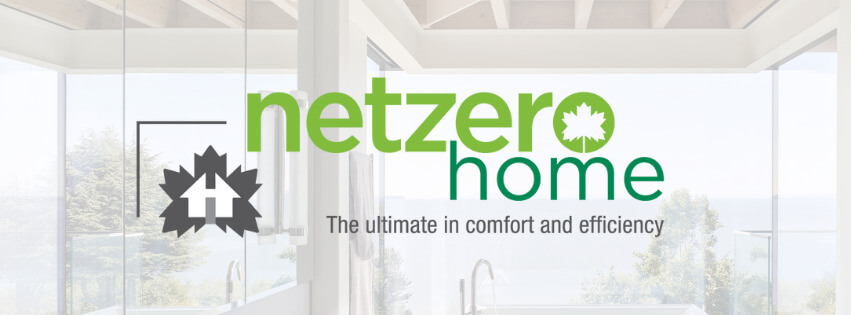 Logo for Net Zero Home with a green maple leaf and house icon, and the slogan The ultimate in comfort and efficiency, over a background of a modern, sunlit bathroom with large windows.
