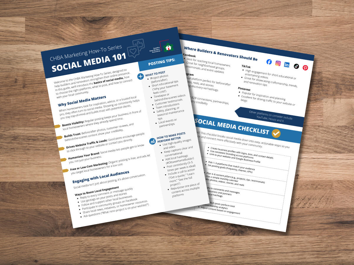 Two printed social media marketing guides titled “Social Media 101” with tips, checklists, and posting ideas are laid out on a wooden table. The pages feature bullet points and blue headings.