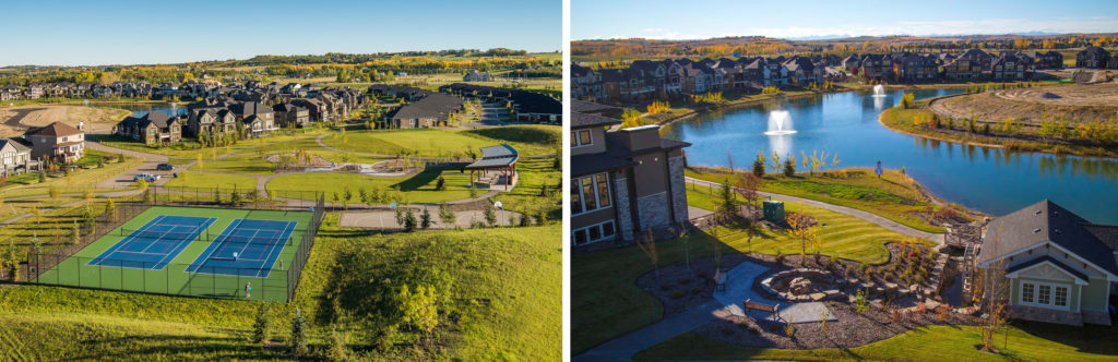A split image shows tennis courts and green space on the left, and a scenic pond with a fountain, walking paths, and nearby houses on the right, all illustrating modern master-planned community development in a suburban neighborhood.