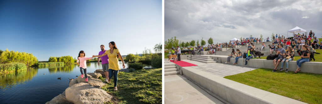 Split image: On the left, a family walks by a lake in a thoughtfully designed master-planned community development. On the right, a crowd sits on tiered concrete steps at an outdoor event under a cloudy sky, reflecting modern Community Development Trends that encourage vibrant public gatherings.